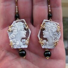 Orecchini pendenti antichi vittoriani argento 925 oro intagliato cammeo profilo donna