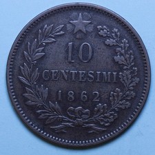 VITTORIO EMANUELE II 10 CENTESIMI 1862 PARIGI bel BB RARO RAME COPPER COIN
