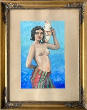 Acquerello 1951 Ritratto Donna Atto Femminile Con Vaso E. Nico Empire Cornice