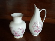 Hollohaza coppia vasi ceramica porcellana bianca decoro fiori rosa 21 e 15 cm