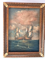 Quadro Battaglia Velieri Dipinto A Mano cornice barocca Olio Su Tela 65X85 cm