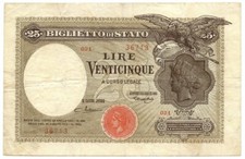 25 LIRE BIGLIETTO DI STATO AQUILA CON BANDIERA SABAUDA 27/09/1923 BB