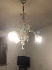 Lampadario Vetro Di Murano Con Foglie Vintage Verde Tiffany E Oro Catena Ottone