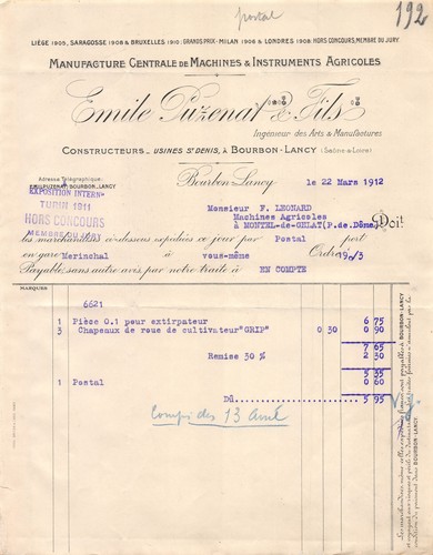 1912 facture emile puzenat - puzenat, a