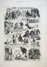 Vecchia stampa antica originale la nostra villeggiatura 1882 vita di villaggio XIX