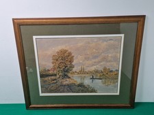 Grande quadro acquerello paesaggio fluviale con cornice