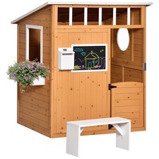 Outsunny Casetta in Legno per Bambini con Porta Panca e Lavagna per Giardino