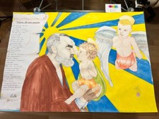 Disegno originale realizzato con pastelli e gouache di "Padre Pio e Gesù"