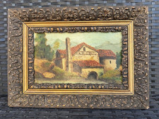 ANTICO DIPINTO OLIO SU TAVOLETTA - EDIFICIO RURALE - MONTAGNA - PIENO '800