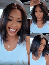10 Inch Yaki Straight Drawstring Wigs Human Hair Put On and Go Glueless Bob W...