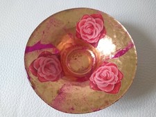 Soprammobile vintage coppa ciotolina vetro rose fiori fucsia decoupage cm 13