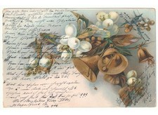 1900 antica cartolina decorazione natalizia ramo di vischio campanelle