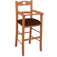 Seggiolone in legno color ciliegio con seduta imbottita in similpelle marrone