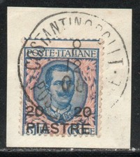 RRC 1908 Levante Costantinopoli 20 pi su 5 lire usato su frammento III Emissione