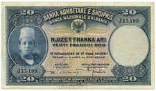 20 FRANCHI ORO BANCA NAZIONALE D'ALBANIA PROTETTORATO FEBBRAIO 1926 BB