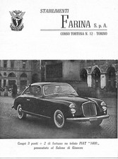 PUB.1950 FIAT 1400 COUPE' 3 POSTI STABILIMENTI PININFARINA TORINO SALONE GINEVRA