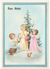 Non Viaggiata cartolina vintage Buon Natale angeli musica scoiattoli abete