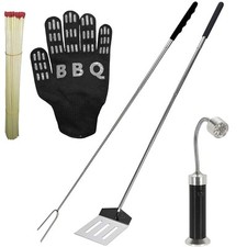 Set Barbecue 5 Pezzi Forchetta e Paletta Estensibili Fiammiferi lunghi guanto La