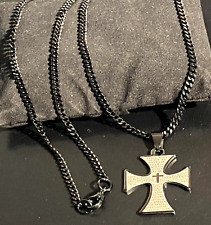 Collana rosario con croce in acciaio nero da uomo catenina ciondolo lunga 50 cm