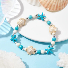 Bracciale Estivo Unisex con Stelle Marine e Tartarughe in Perline Blu e Bianche