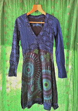 Desigual Dress Womens Small blue green V Neck Retro Boho Patterned Hippi