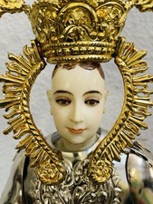 MADONNA VINTAGE IN LEGNO ADORNATA con CORONA, PARAMENTI PLACCATI ARGENTO E BASE NUVOLA