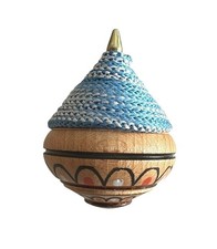 TROTTOLA VINTAGE IN LEGNO ARTIGIANALE DECORATA A MANO PUNTA METALLO FILO CM. 8x6