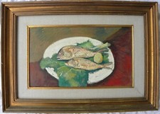 Nello GIOVANNELLI (Livorno 1922-1996) Natura morta con pesci OLIO cm 26x45