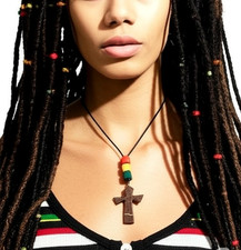 Collana Rasta Roots Africa Healing Brown croce fatta a mano cocco uomo...