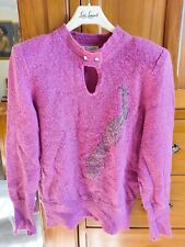 Maglia da donna a manica lunga in misto lana con pavone ricamato, taglia M