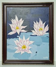 Quadro Olio Pannello Truciolare, Ninfee Stile Art Nouveau Firmato J. CL Cottier