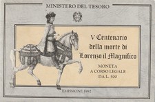 5 MONETE MINISTERO DEL TESORO 500 LIRE LORENZO IL MAGNIFICO 1992 ARG. 835  FDC 