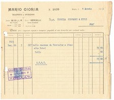 Fattura Biella Mario Gioria Trasporti e Spedizioni 1923 QX2987