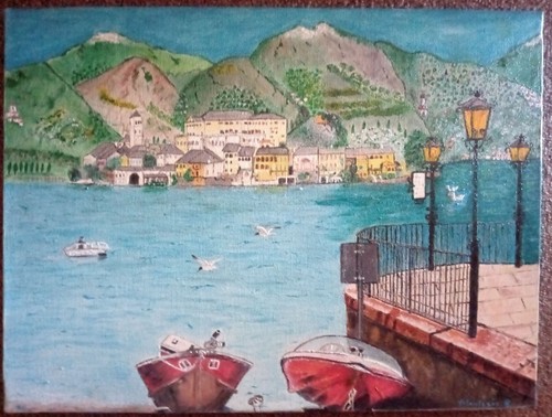 Dipinto paesaggio lacustre - paesaggio,