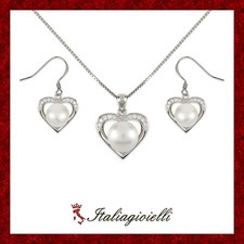 Parure Cuori con Perle in Argento 925 Rodiato Oro Bianco e Zirconi Brillanti