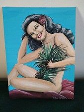 Dipinto a Mano Gouache Pinup Donna Hawaii