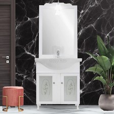 Mobile Da Bagno Completo 65 CM In Legno Con Specchio Lavabo e Applique Bianco