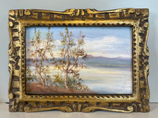 ANTICO PICCOLO DIPINTO OLIO TEMPERA N. Laurenti PAESAGGIO COLLINARE LAGO 1930