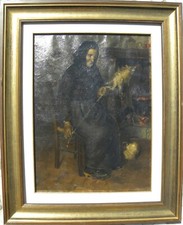 Anziana BERGAMASCA con FUSO davanti al CAMINO Olio su tela 57x42 inizi '900