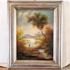 Quadro di  Paesaggio lacustre con pescatore cornice argento mecca. Olio su legno