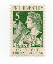 1913 SVIZZERA HELVETIA PRO JUVENTUTE 5 C + 5 C VERDE MNH**