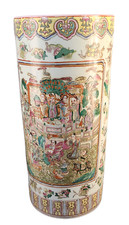 Portaombrelli rosa famiglia asiatica inizio XX secolo dipinto a mano figura marcata