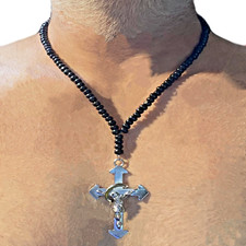 Collana rosario nero da uomo donna con croce ciondolo crocifisso lunga 50 cm 
