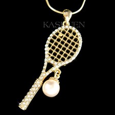 Grande Racchetta da Tennis IN Swarovski Cristallo Perla Sfera Oro T Collana
