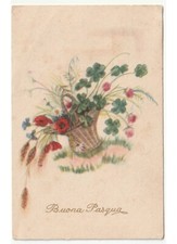 cartolina Buona Pasqua d'epoca cesto quadrifogli spighe papaveri fiori di campo