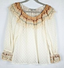 Vintage  A.J. BARI Blouse Sz 10 Ivory Semi Sheer Tulle Lace Ruffle Collar