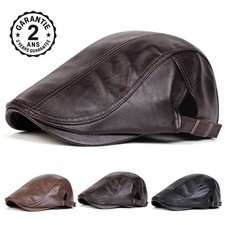 Casquette Béret Plat Homme Cuir PU Peintre Britannique Vintage Noir Marron Uni