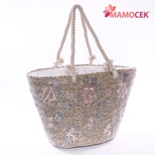 BORSA Coffa donna paglia erba tulle ricamo rosa grigio cm49 h30 mare spiaggia