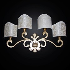 Applique parete 4 luci ottone in foglia oro con paralume ventola damasco oro 