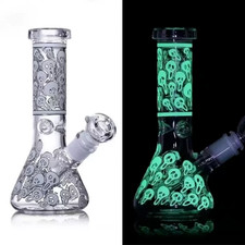 8" Glass Bong Golw in the Dark Skulls Pyrex Smoking Water Pipe Beaker COOL Bong